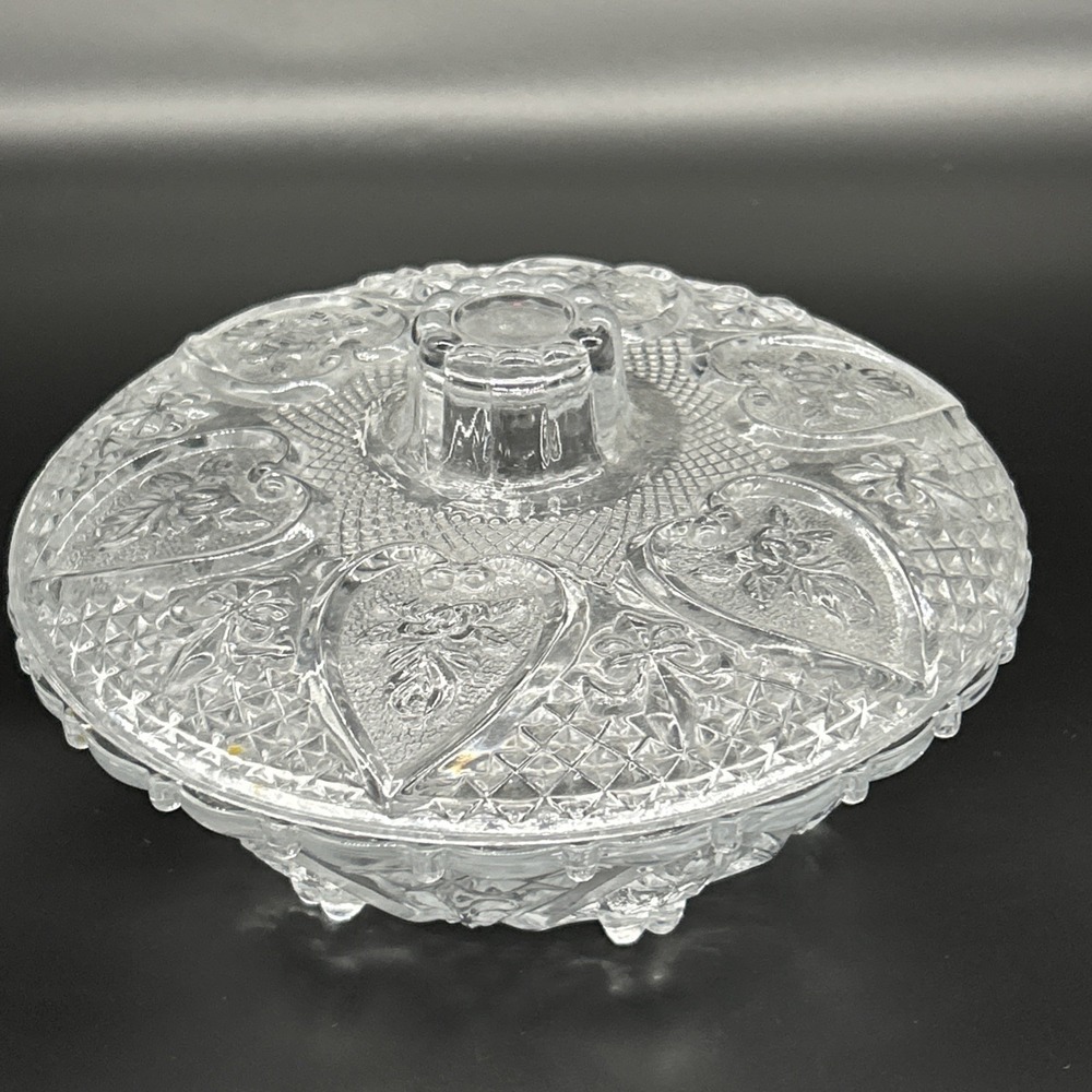 Vintage Pressed KIG/MALAYSIA Glass CANDY NUT DISH WITH LID Heart Rose Design 7"
